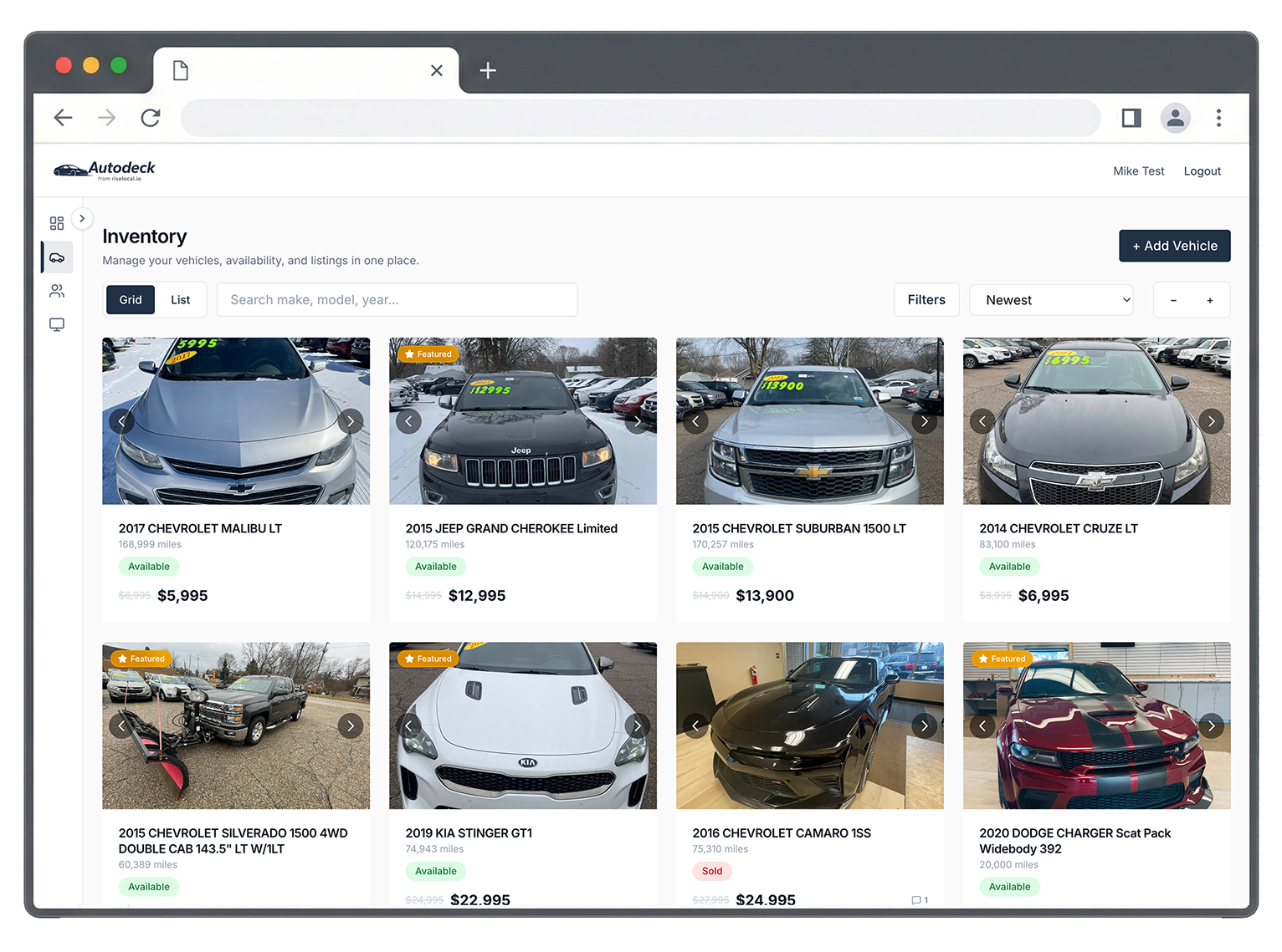Browser-framed inventory grid showing vehicle listings with Available/Sold badges and price tags