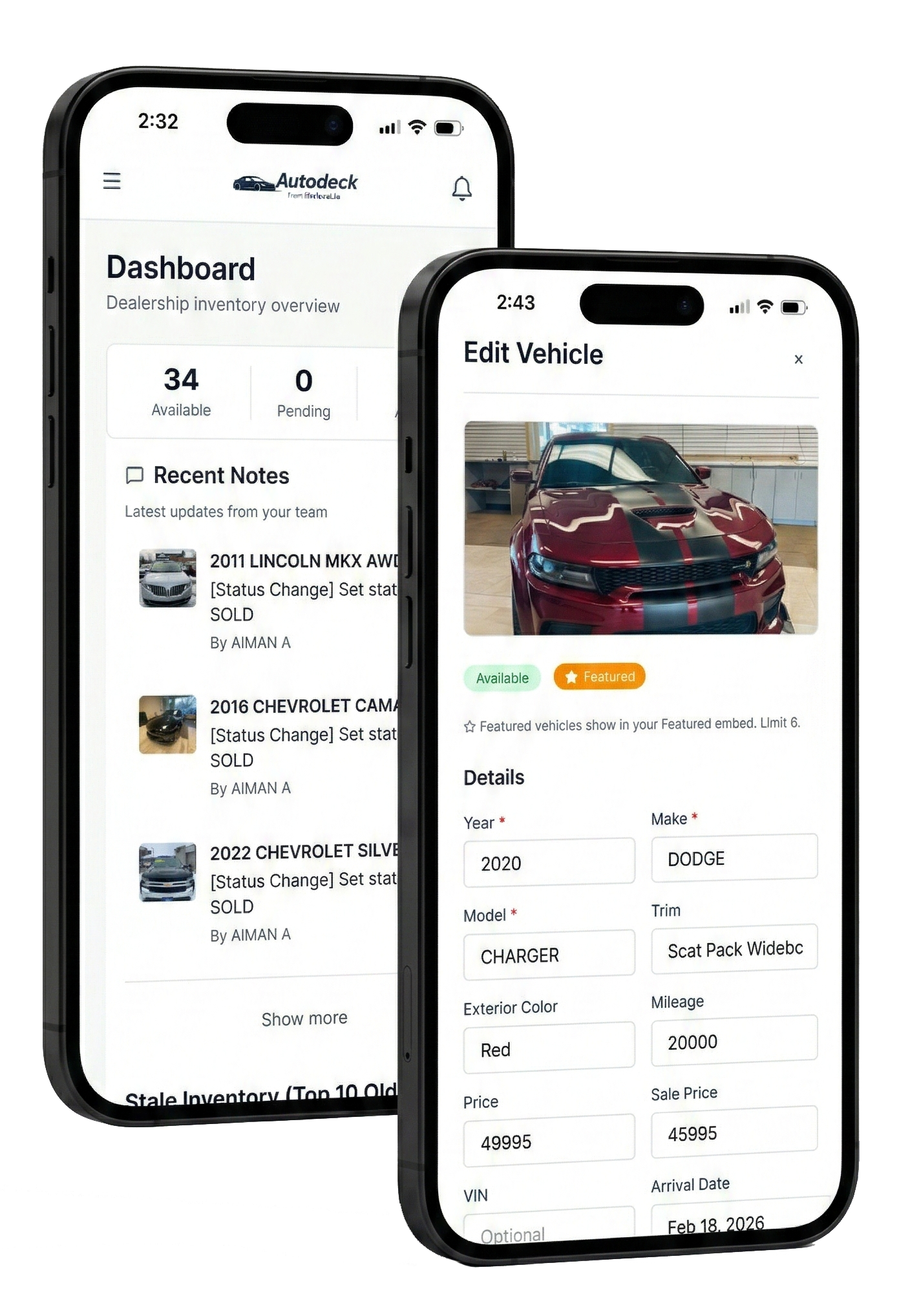 Two iPhone mockups showing mobile dashboard stats and Edit Vehicle modal